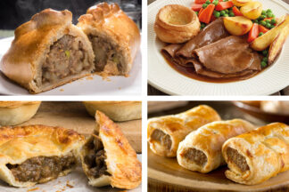 Cooked beef and vegetable pasty, Beef roast ready meal dinner, Individual steak pie and cooked sausage rolls